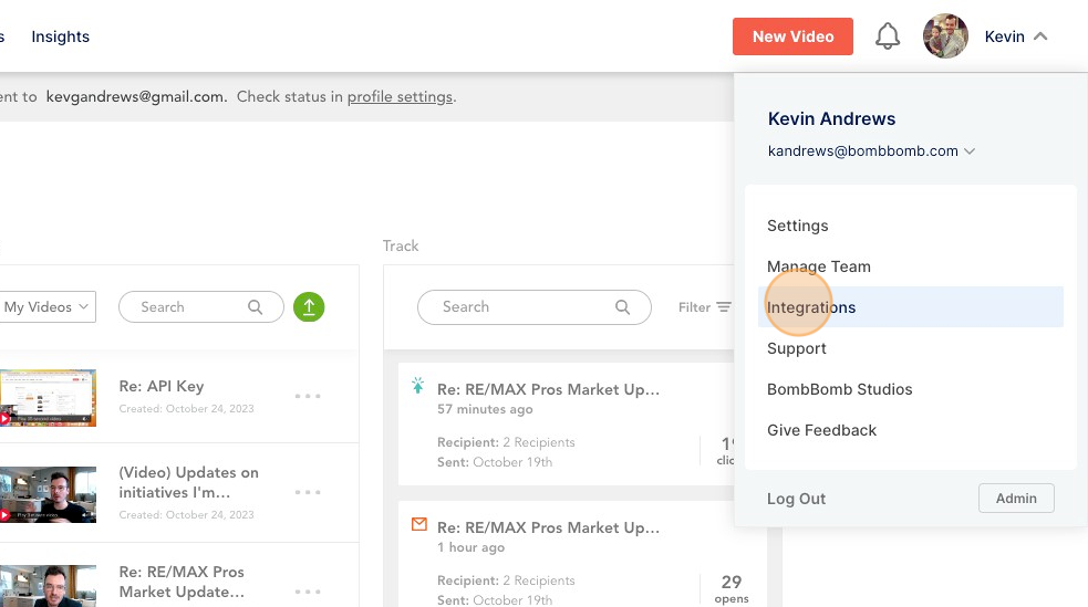 Access BombBomb Dashboard and Navigate to Kevin's Integrations - Step 3.png