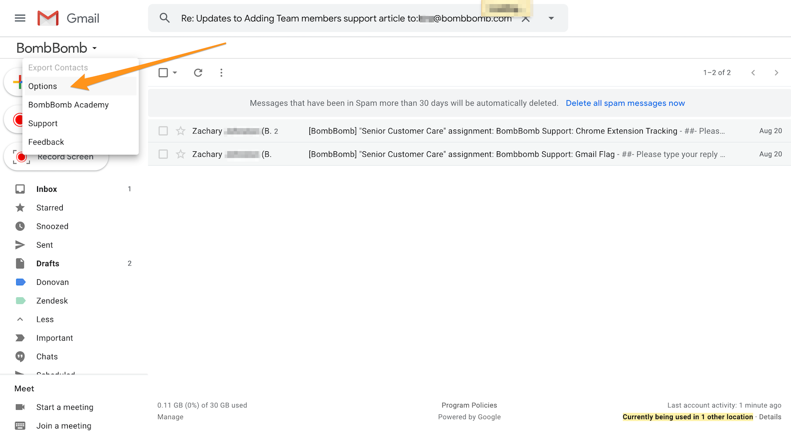 Turning email tracking and notifications on and off in Gmail BombBomb