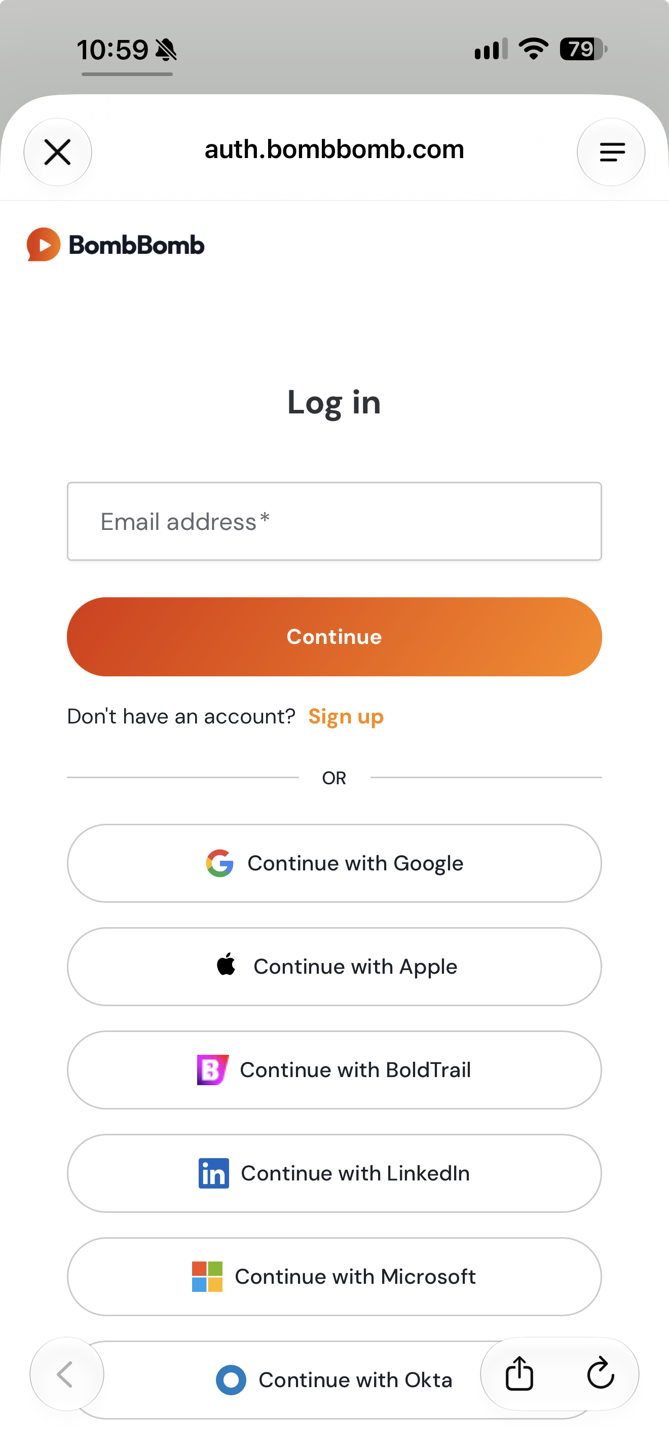 The BombBomb sign-in page