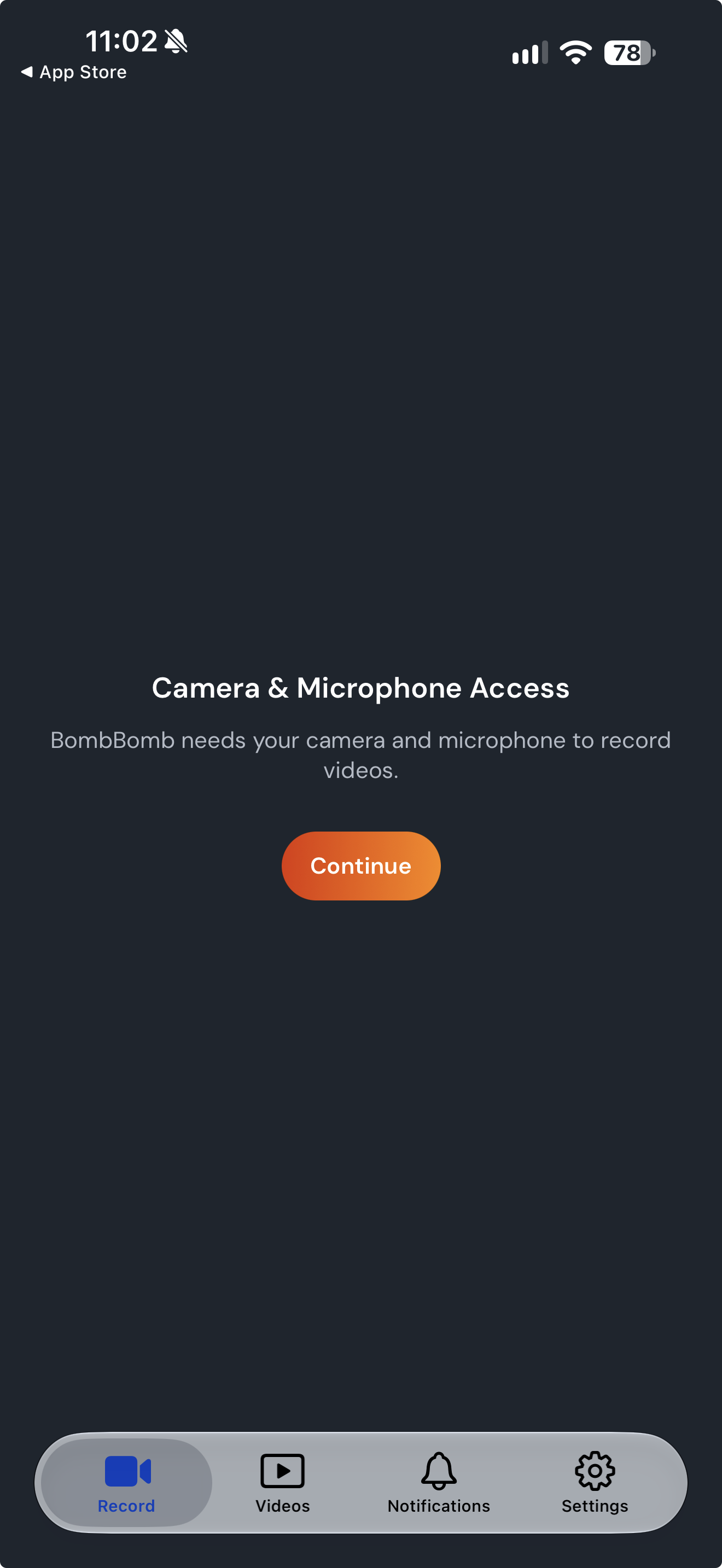 The Record tab asking for camera and microphone access, with the Continue button