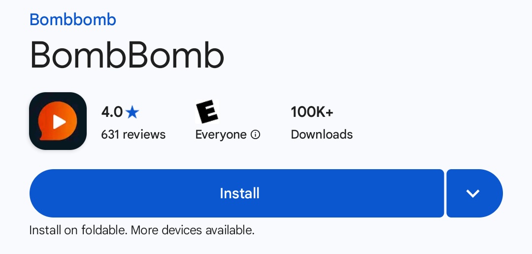 The BombBomb listing in Google Play with the Install button