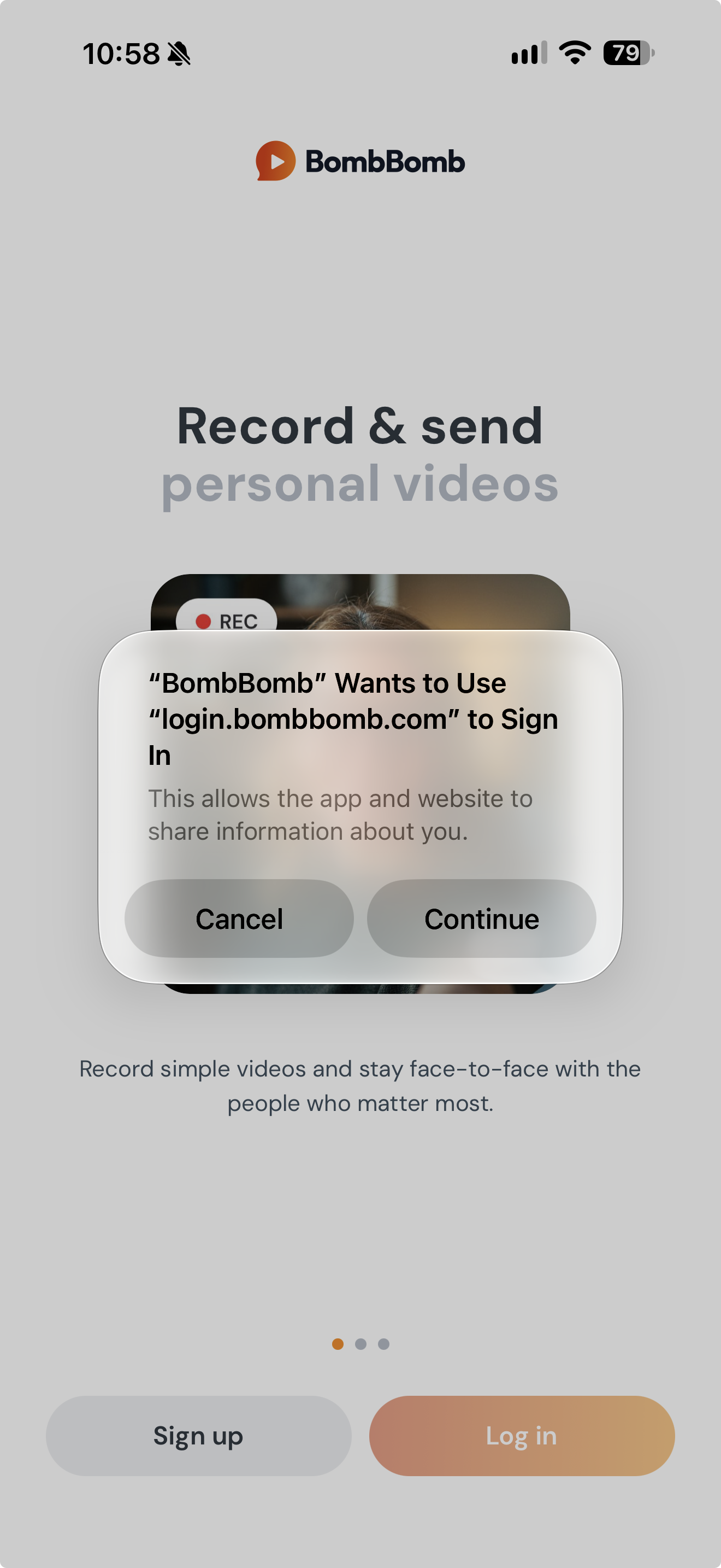 The iOS prompt asking to use bombbomb.com to sign in, with the Continue button