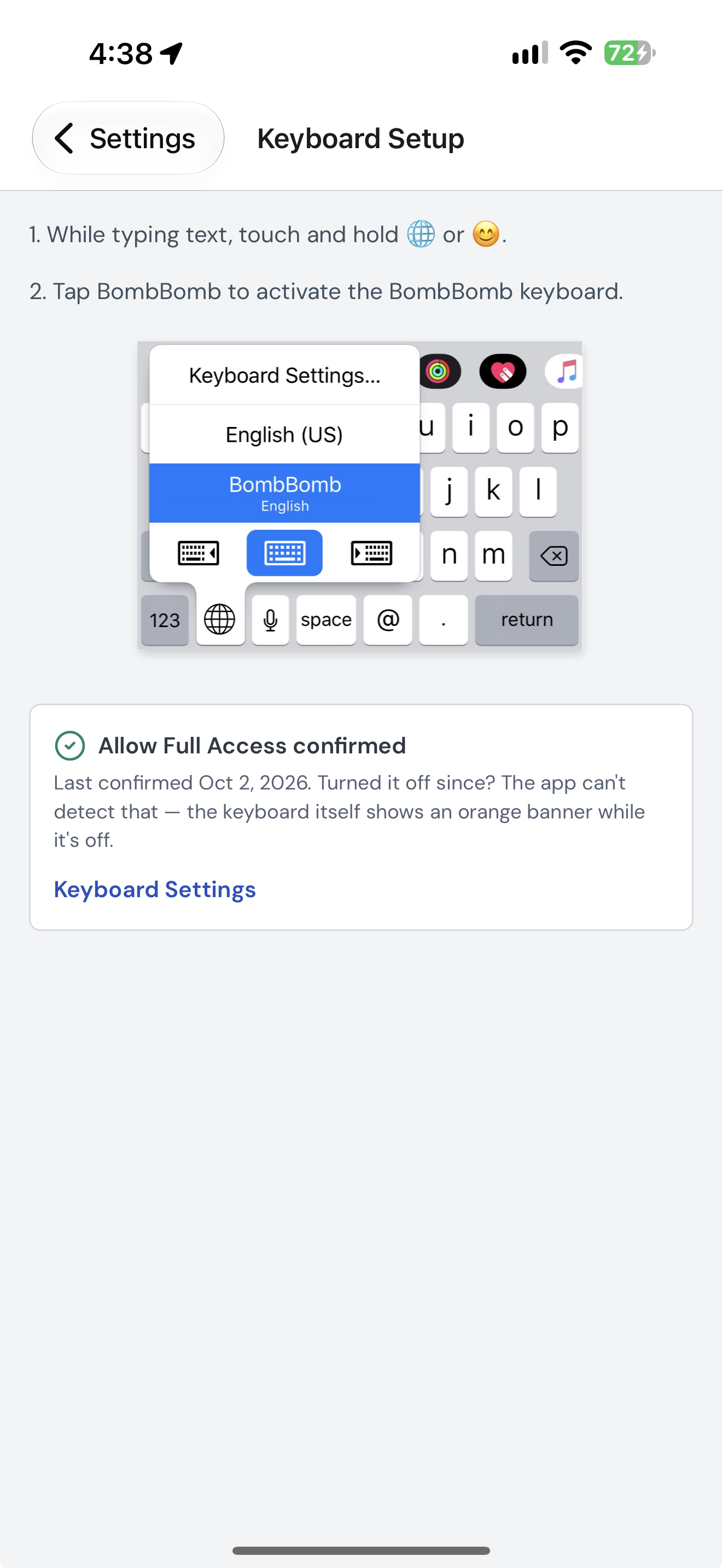 iPhone Settings for BombBomb keyboards with BombBomb and Allow Full Access turned on