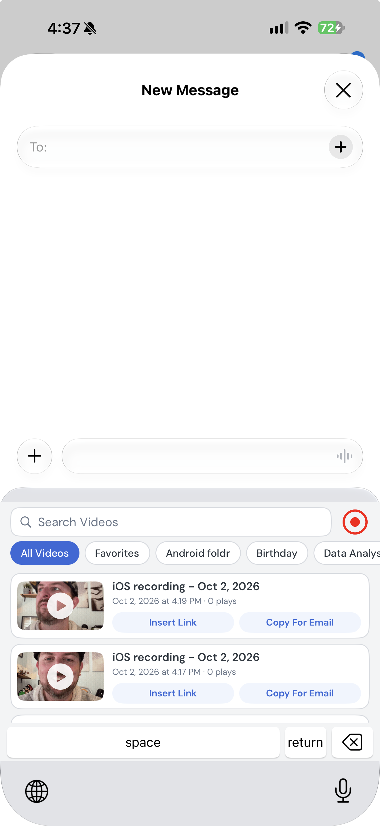 The BombBomb keyboard open in Messages, with Tag buttons and the Insert Link and Copy For Email buttons