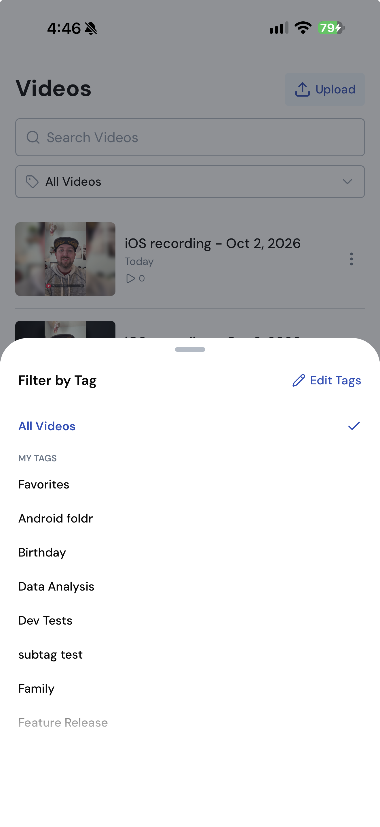 The Tag filter on the Videos tab with All Videos, My Tags, Auto Tags, and Edit Tags