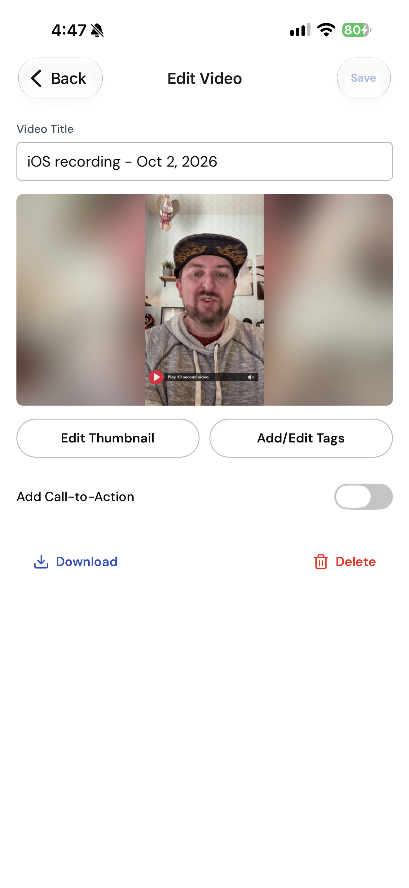 The Edit Video screen with Video Title, Edit Thumbnail, Tags, and Add Call-to-Action