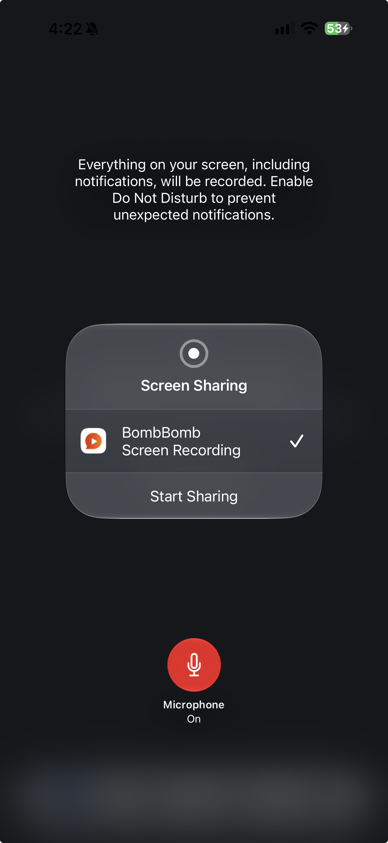 The iOS screen broadcast menu with BombBomb Screen Recording selected and Microphone on