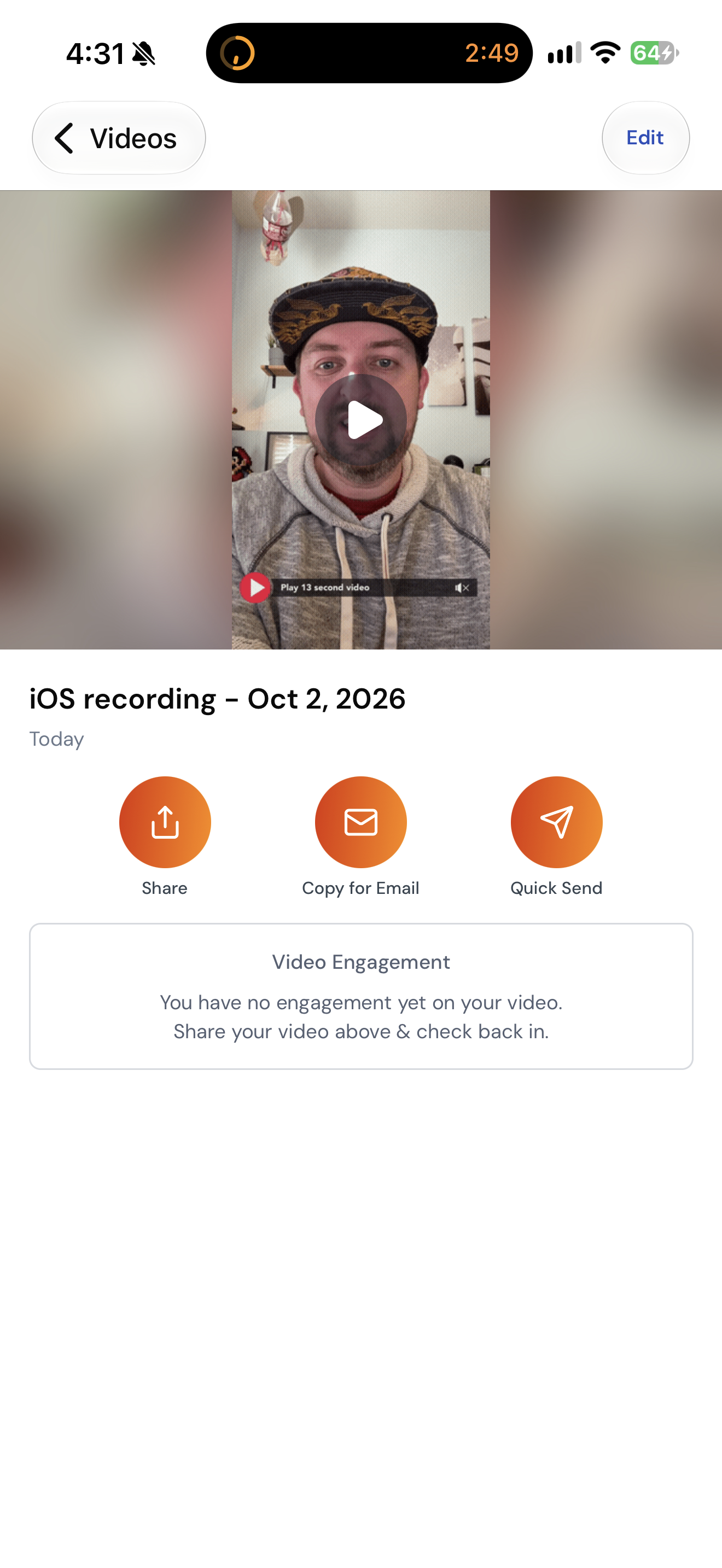 A video's page with the Share, Copy for Email, and Quick Send buttons