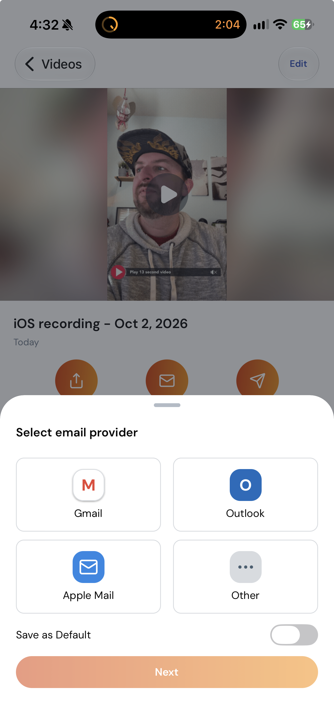 The mail app picker with the Save as Default switch
