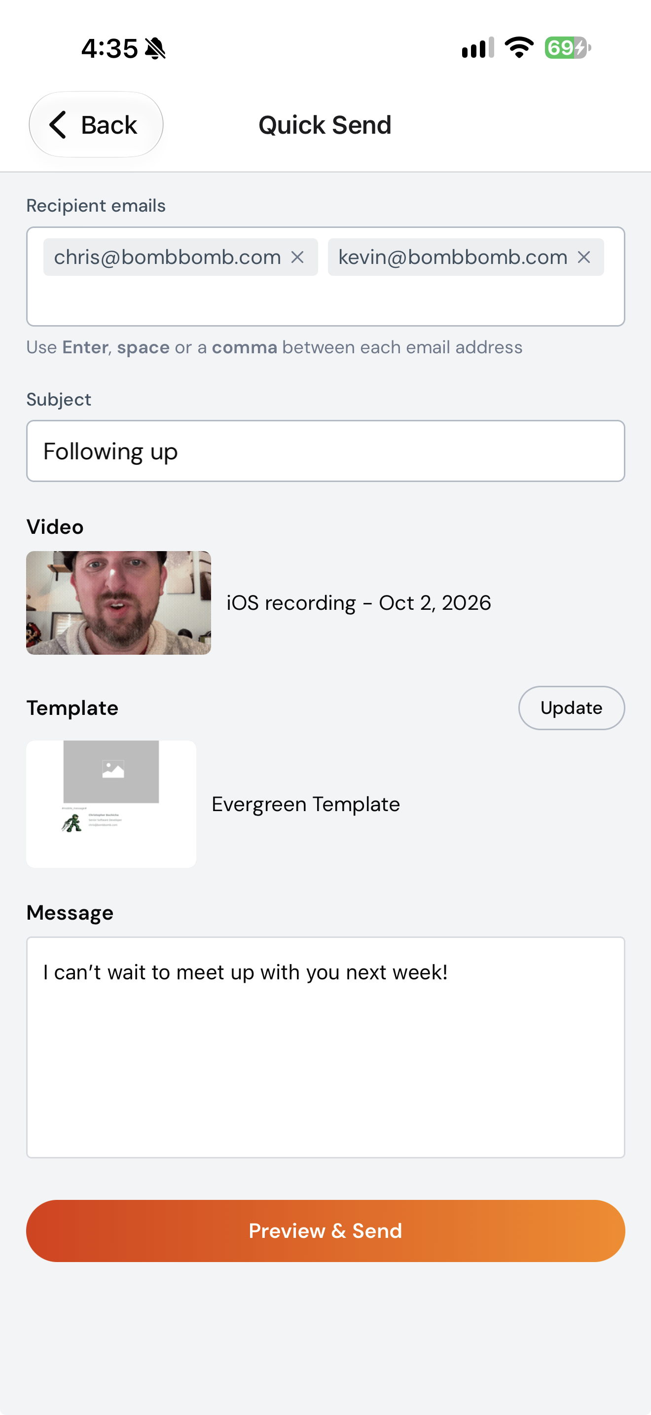 Quick Send with recipients, a subject, and a template chosen