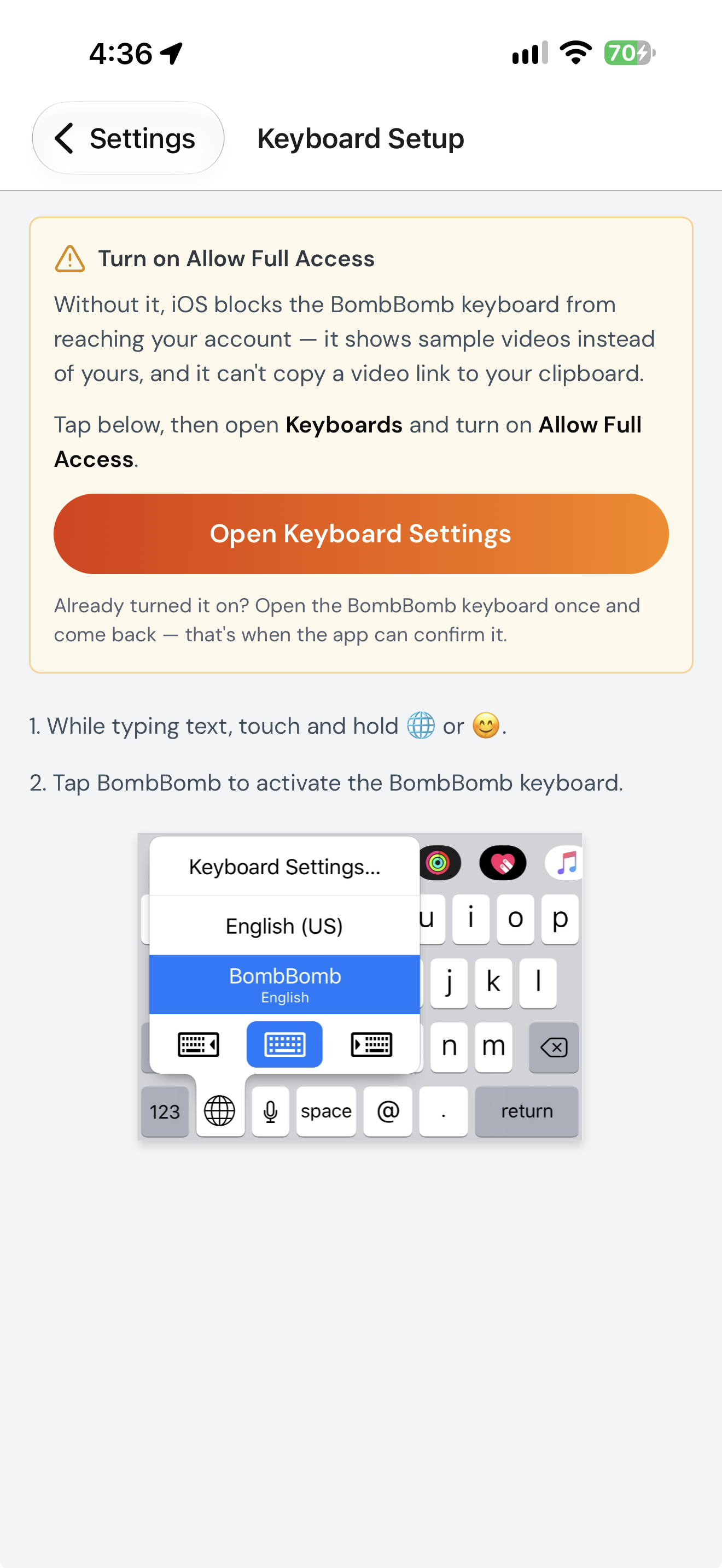 The Keyboard App screen in BombBomb Settings with the Enable BombBomb Keyboard button
