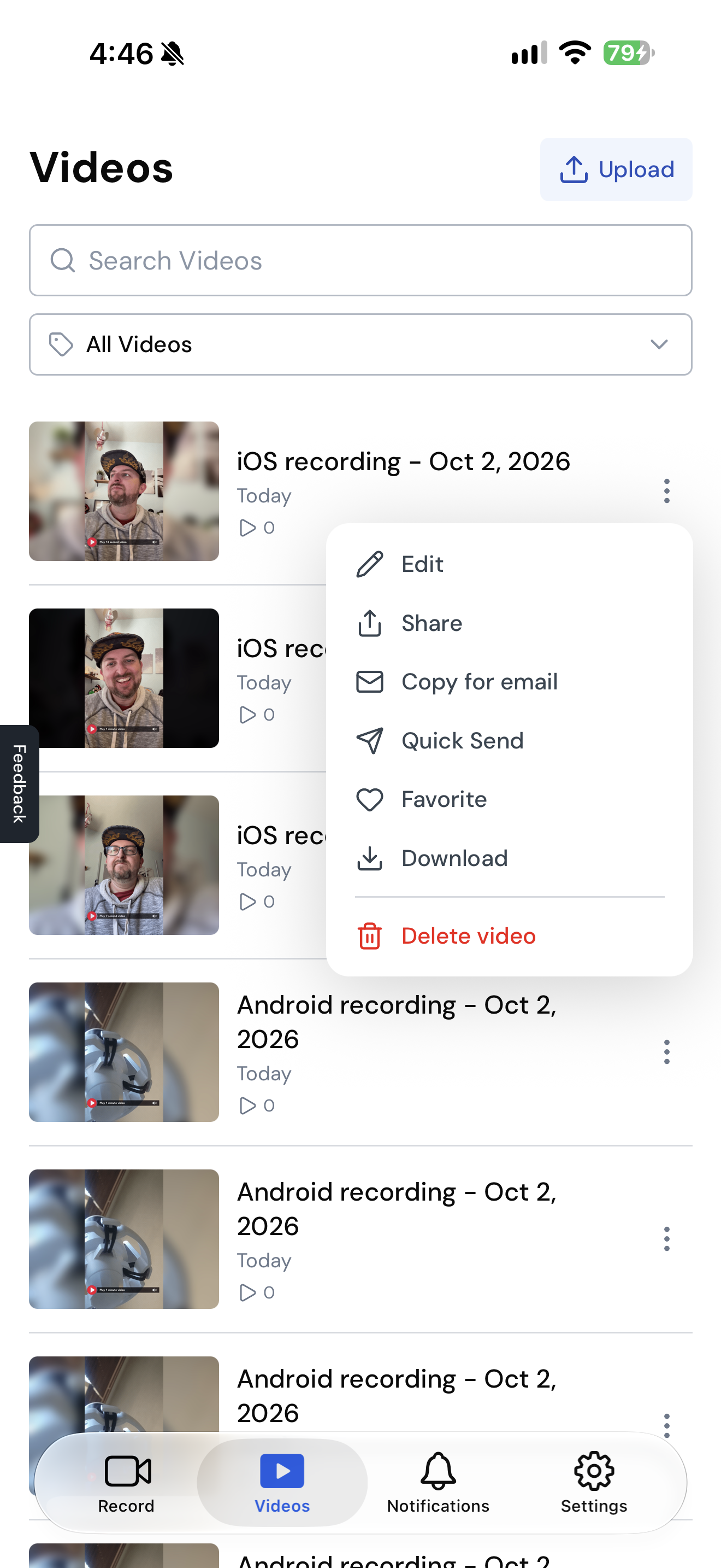 The quick-actions menu open on a video in the Videos tab