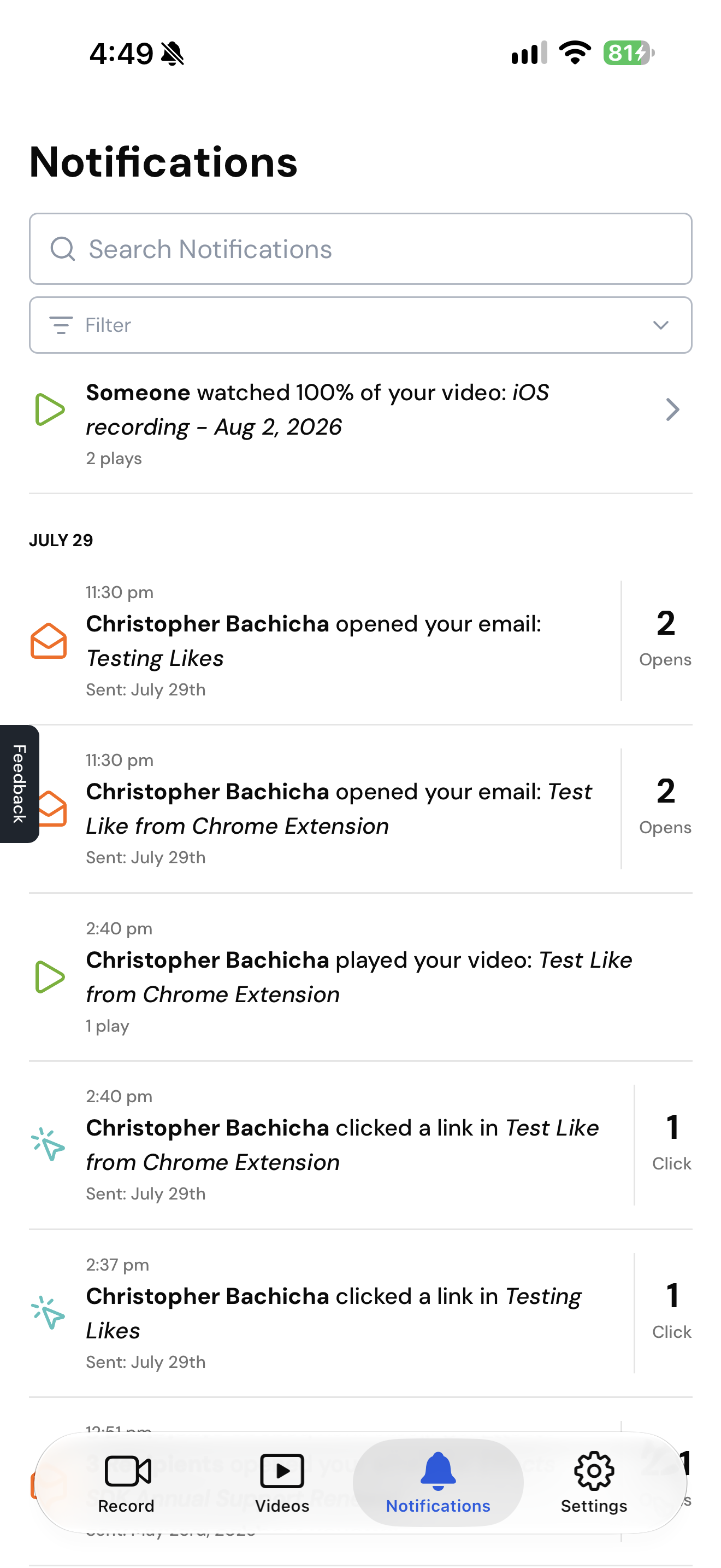 The Notifications feed with new activity highlighted