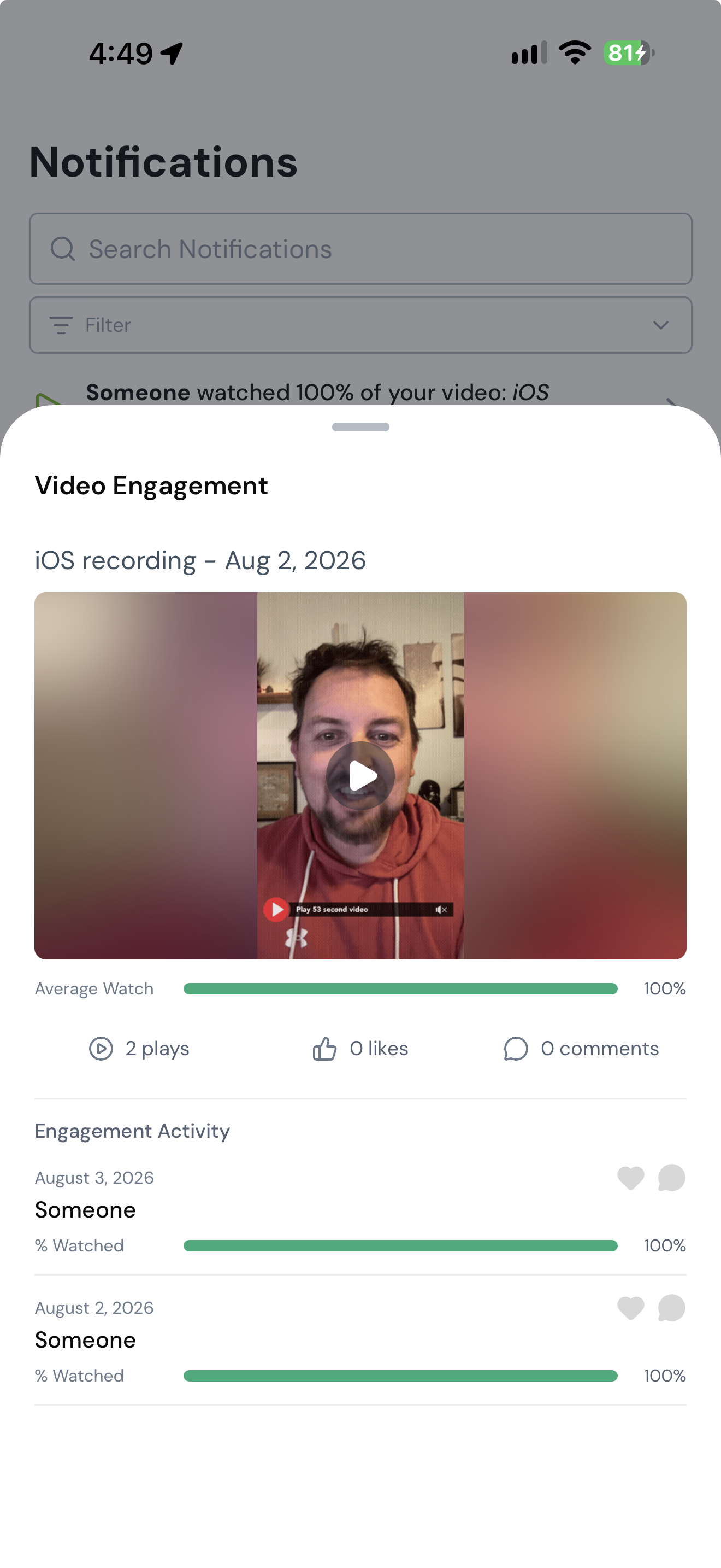 A video's engagement detail with total plays, average watch, and each viewer's activity