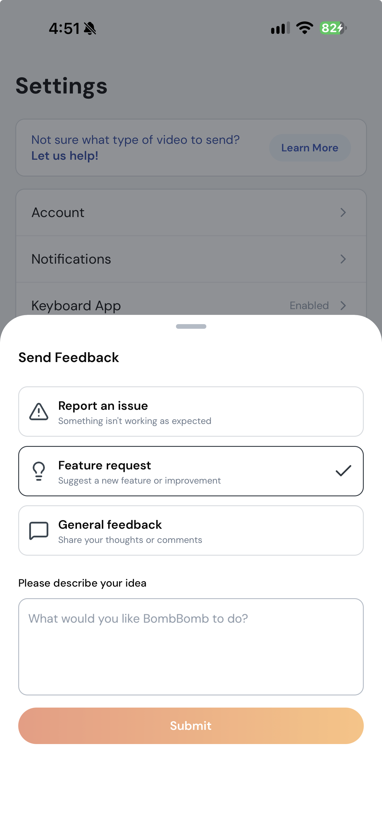 The Send Feedback sheet with Report an issue, Feature request, and General feedback