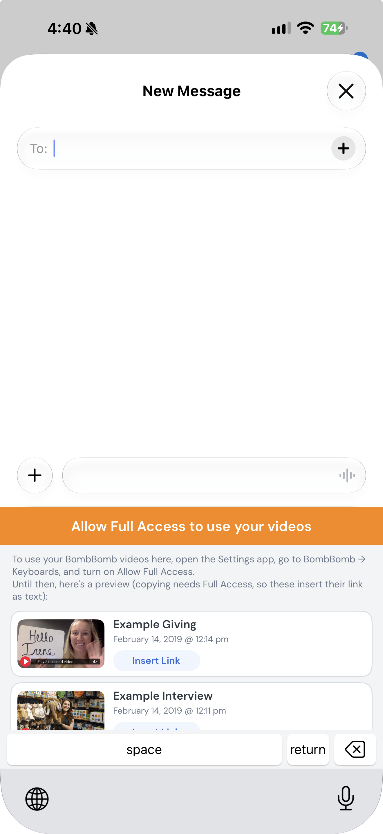 The BombBomb keyboard before Full Access is allowed, showing the orange banner and two example videos