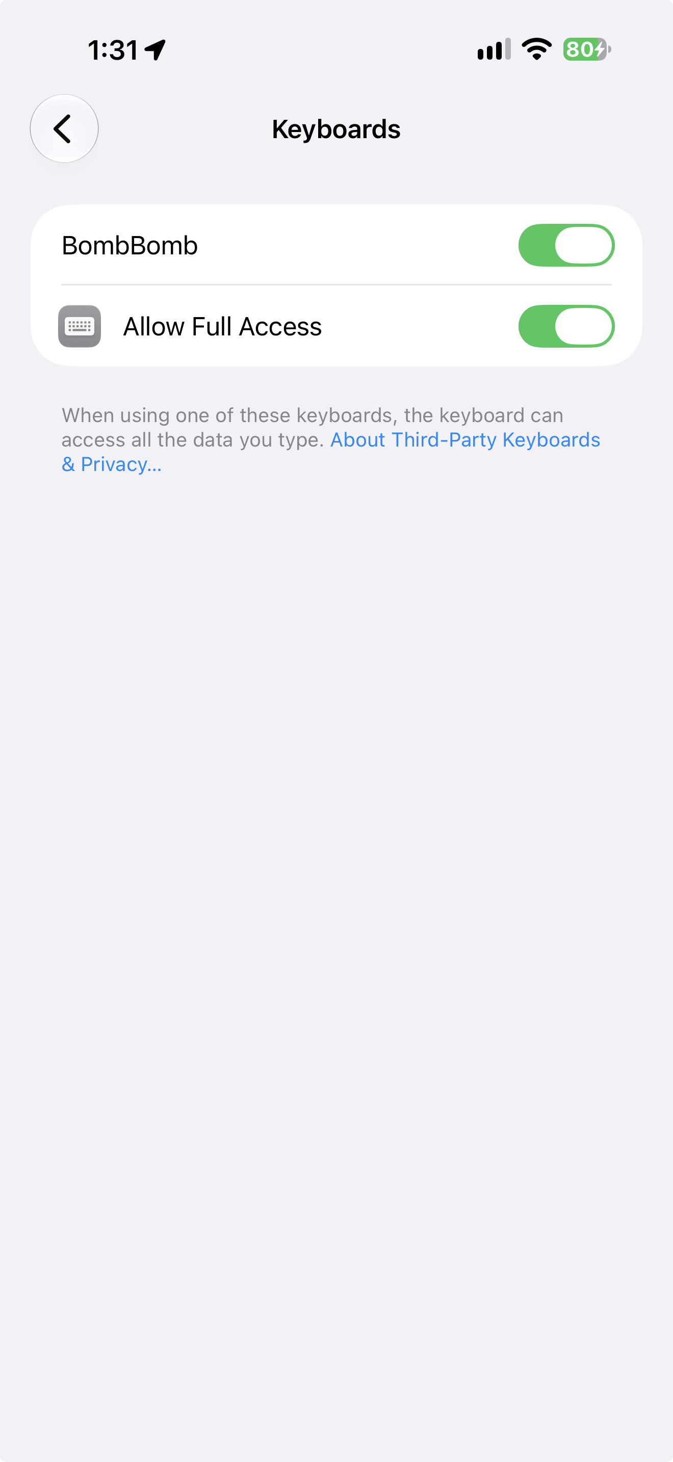 The Keyboard App screen in BombBomb Settings
