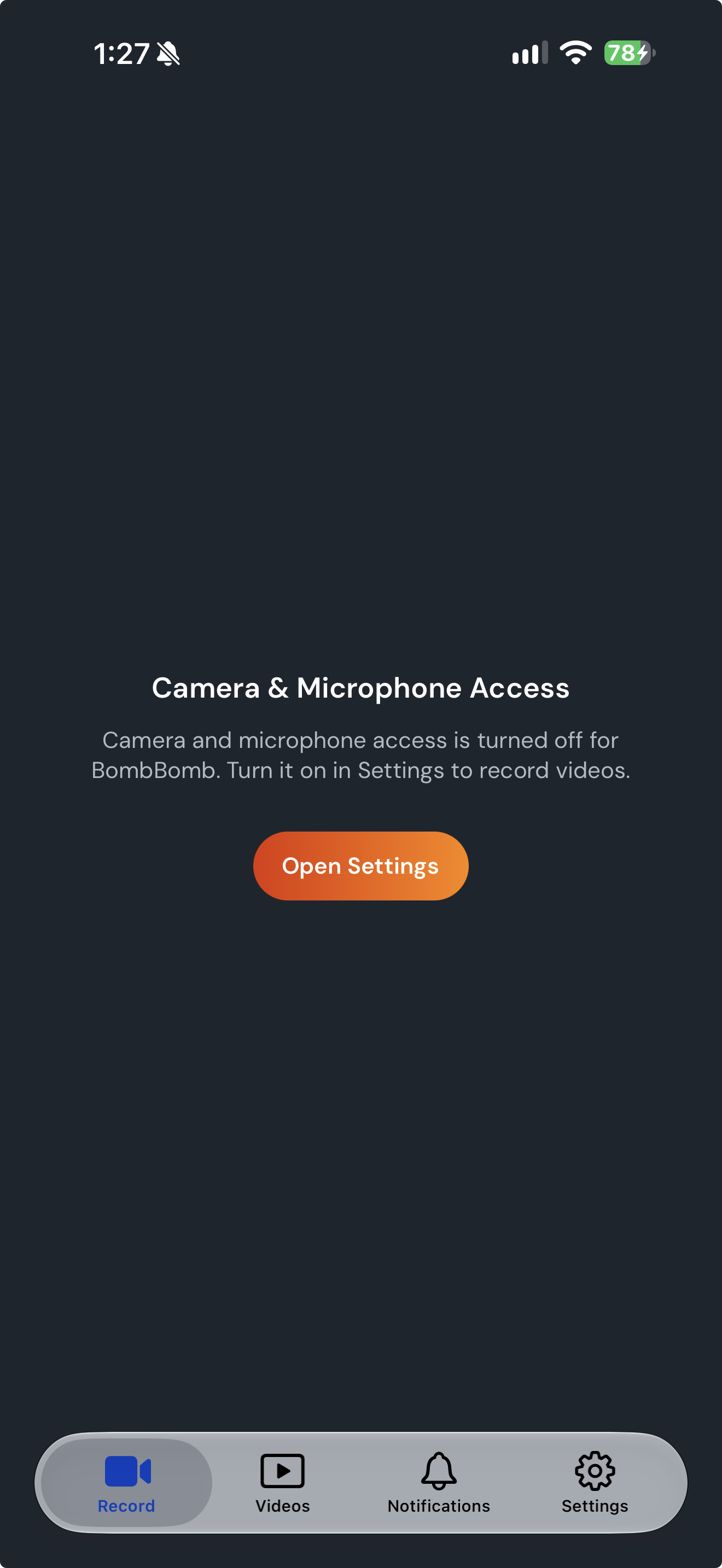 The Record tab with camera access turned off and the Open Settings button