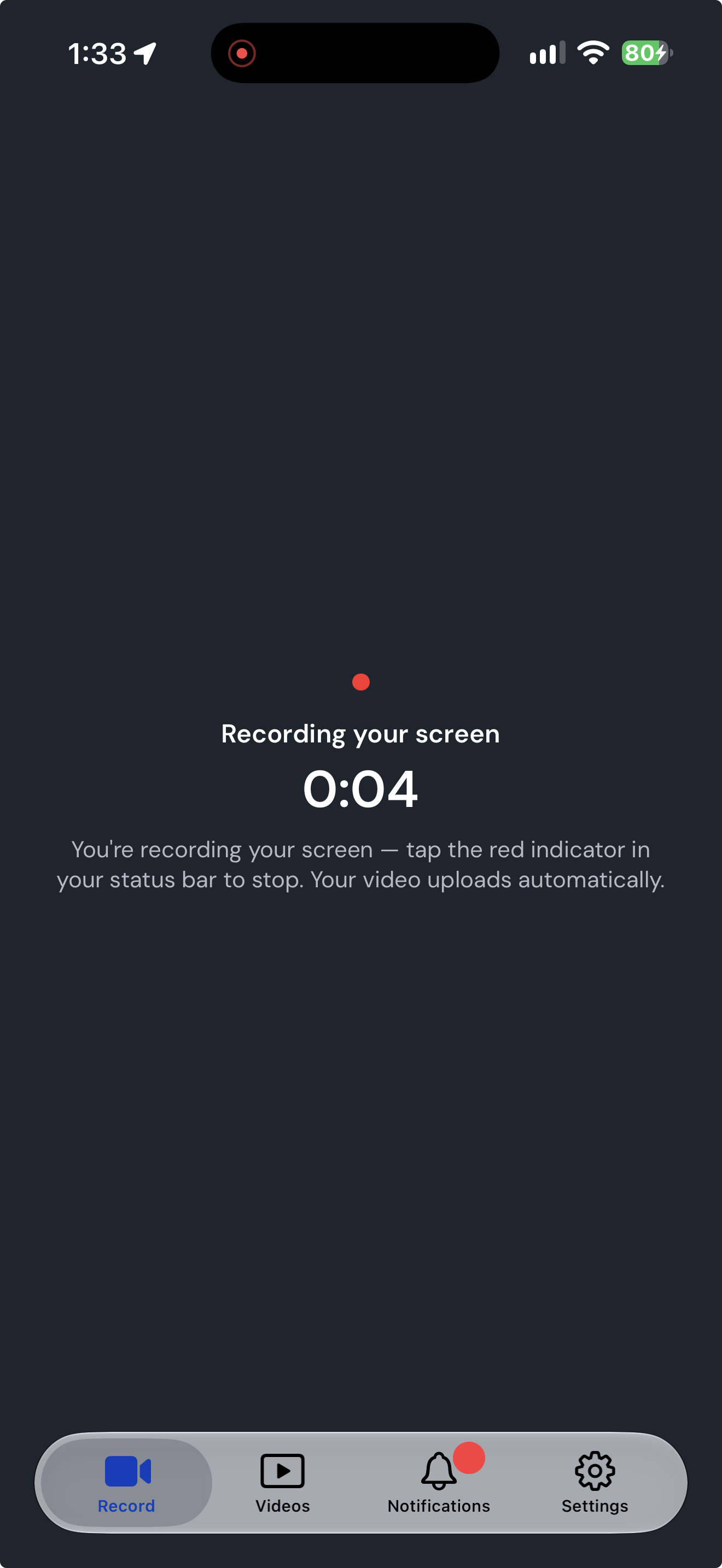 The Record tab showing Recording your screen while a screen recording is running