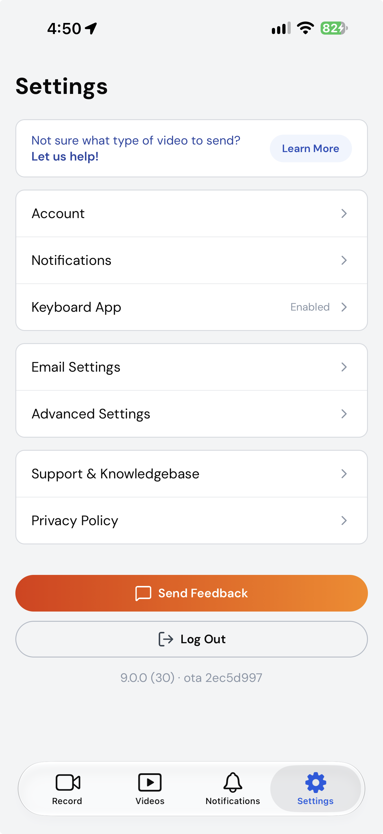 The Settings tab, with the app version at the bottom