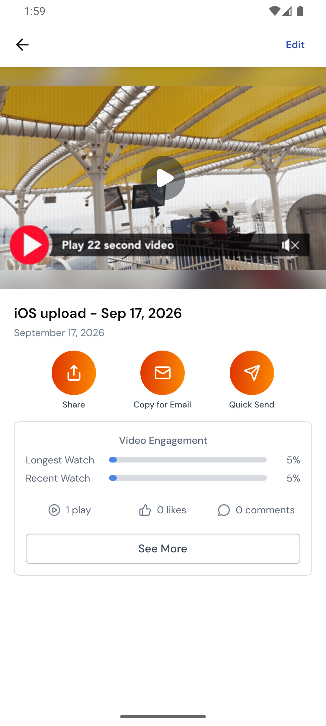 A video's page with the Share, Copy for Email, and Quick Send buttons