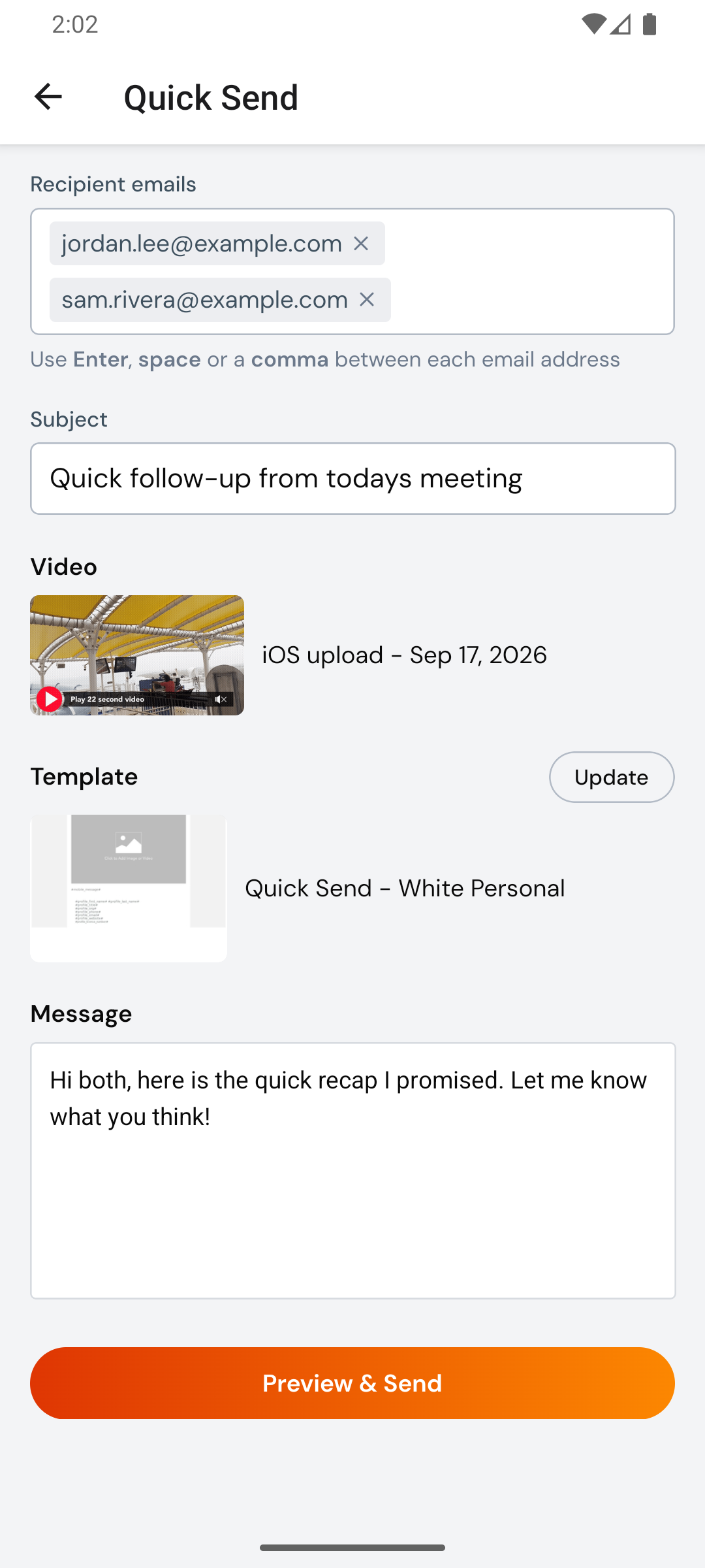 Quick Send with recipients, a subject, a template, and a message