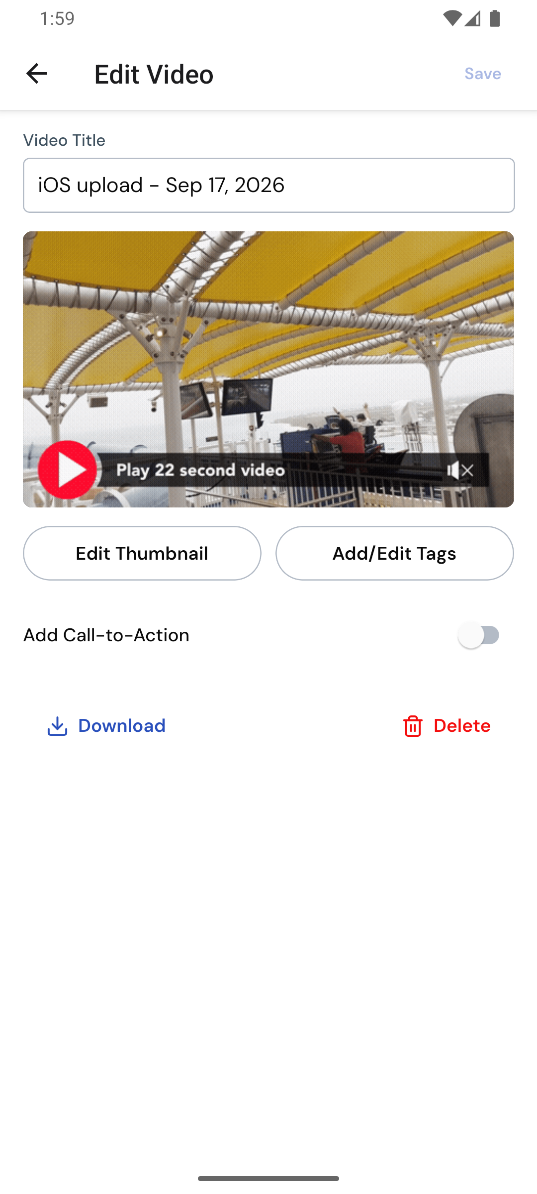 The Edit Video screen with Video Title, Edit Thumbnail, Add/Edit Tags, and Add Call-to-Action