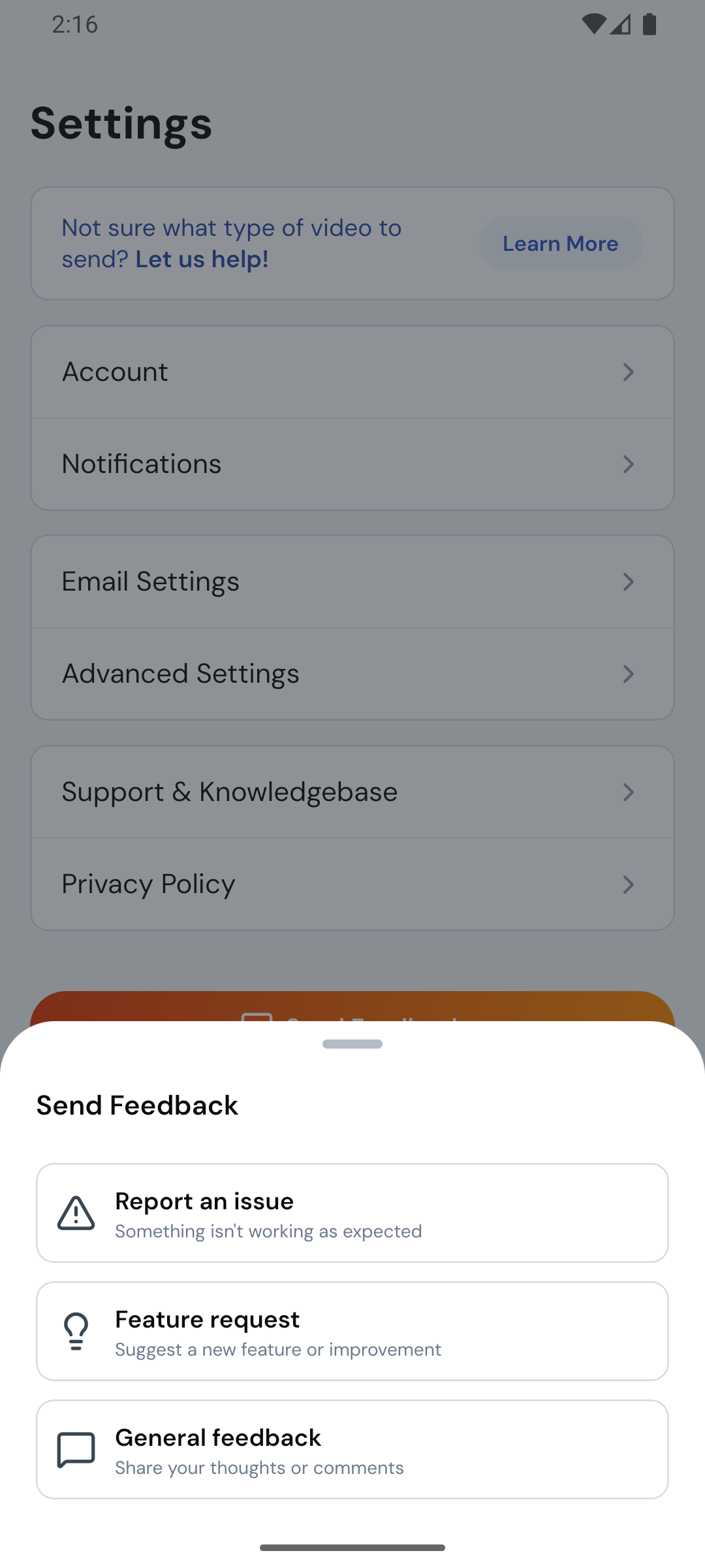The Send Feedback sheet with Report an issue, Feature request, and General feedback
