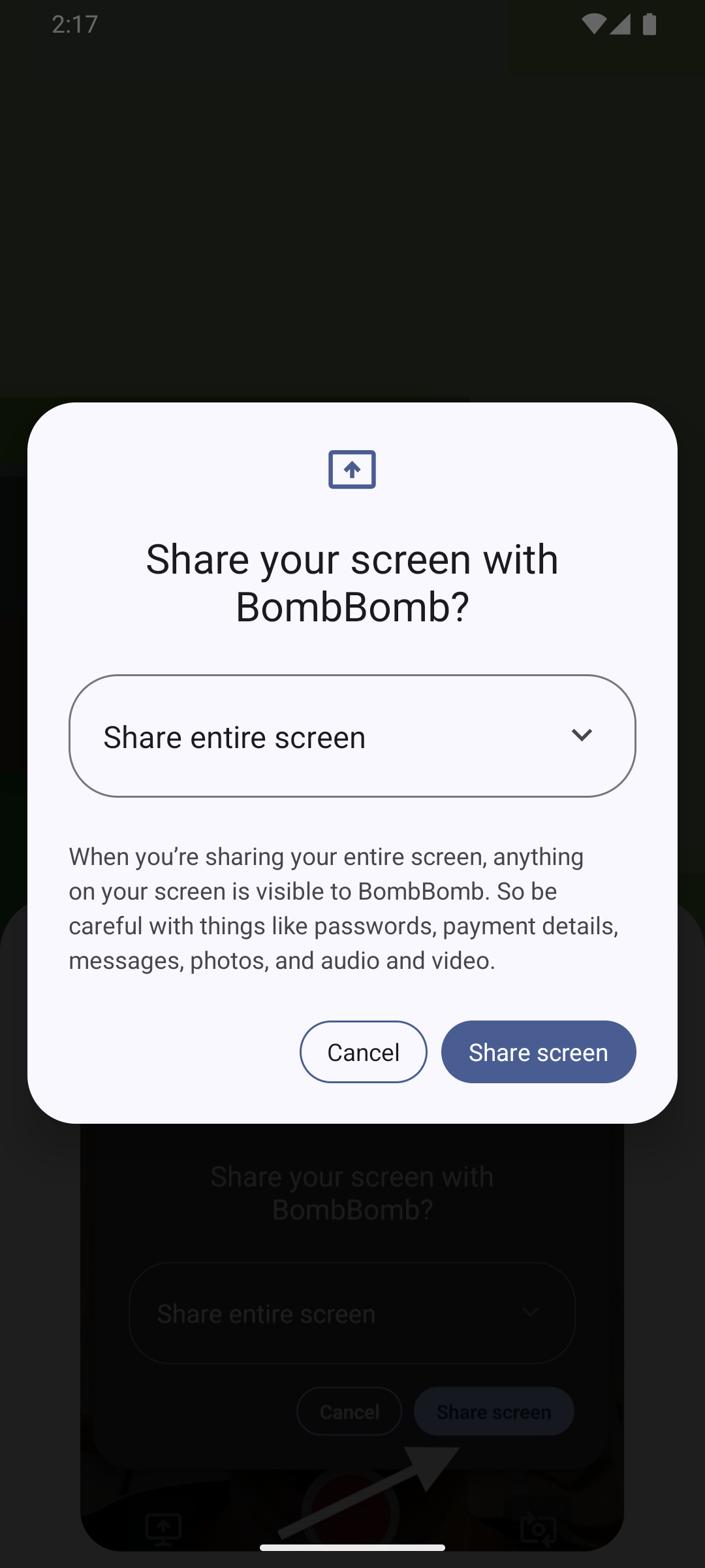 Android's screen-sharing dialog with Share entire screen selected