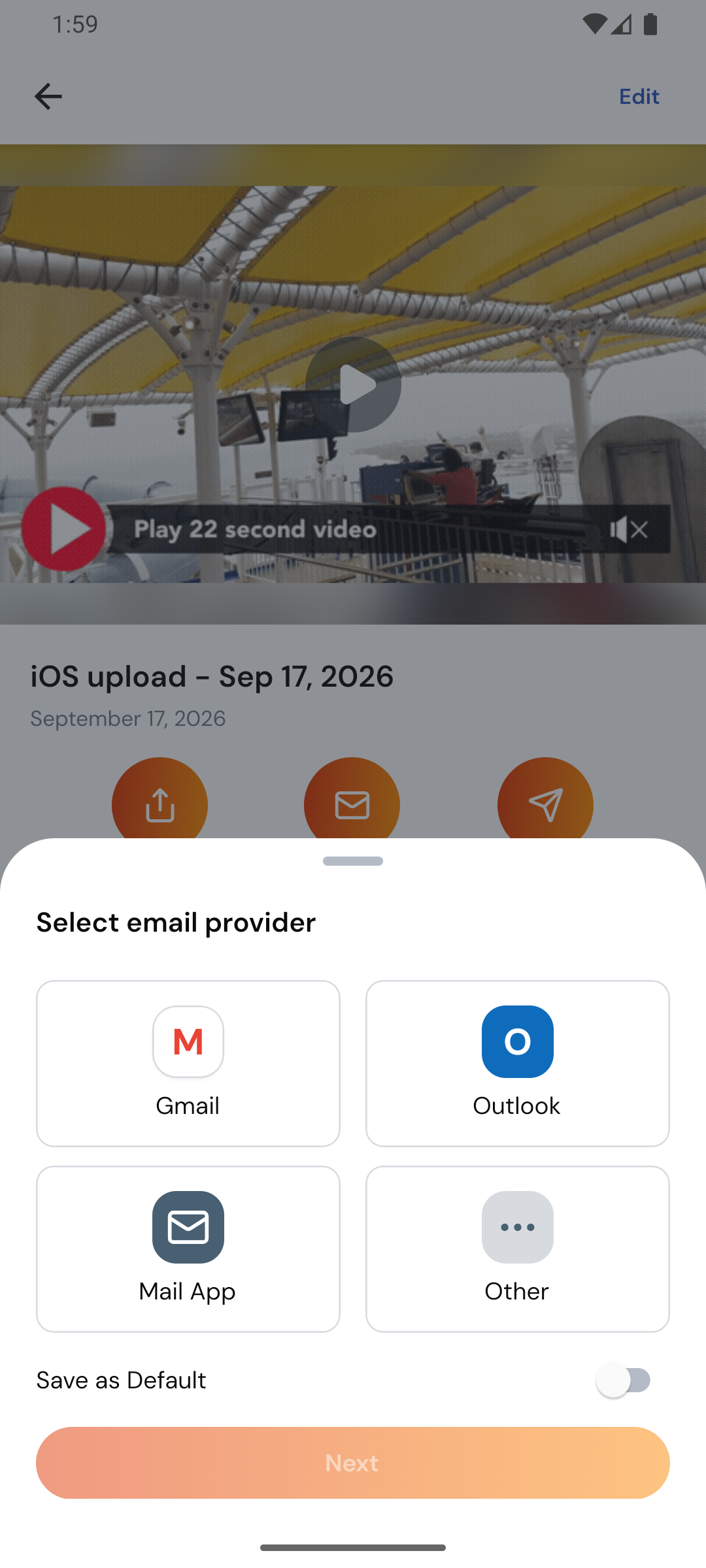 The mail app picker with the Save as Default switch