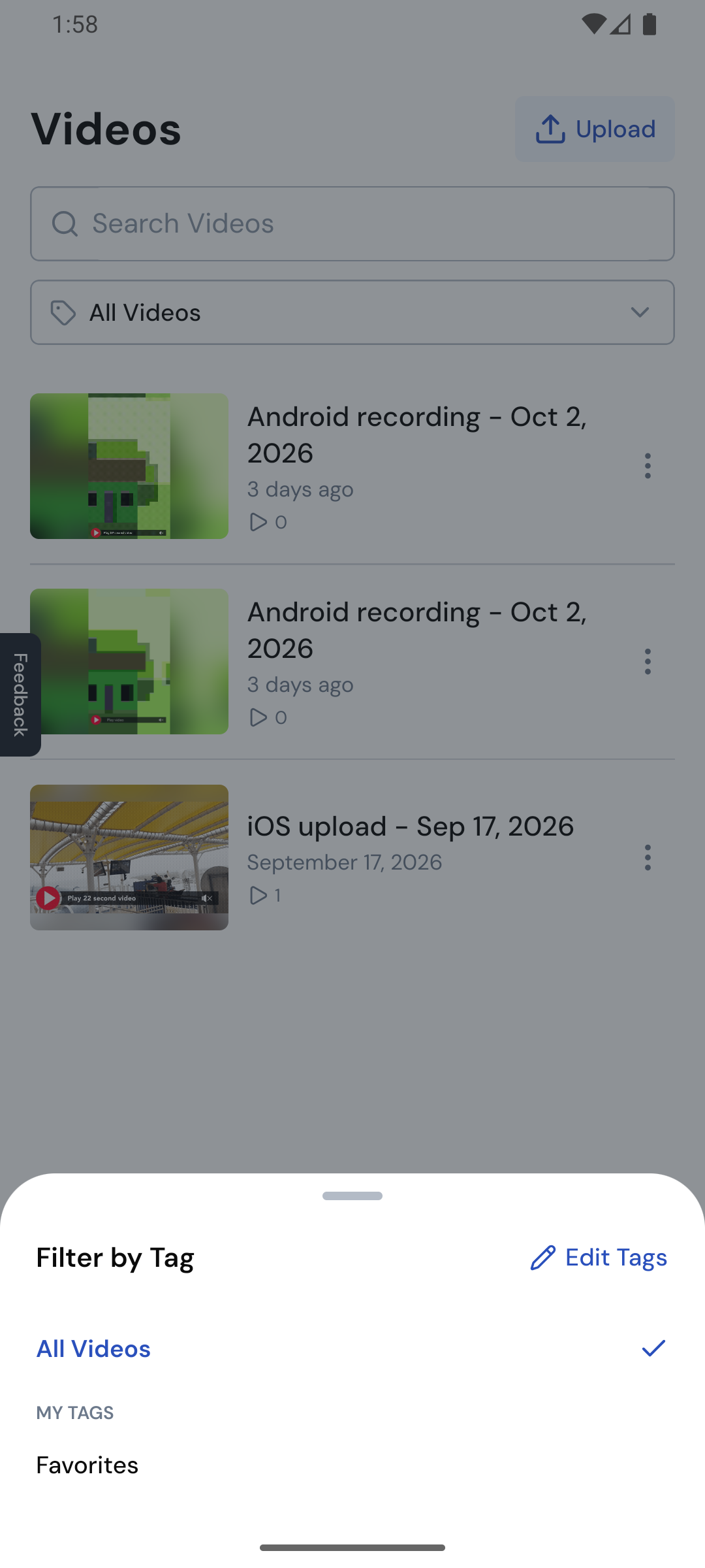 The Tag filter on the Videos tab with All Videos, My Tags, and Edit Tags