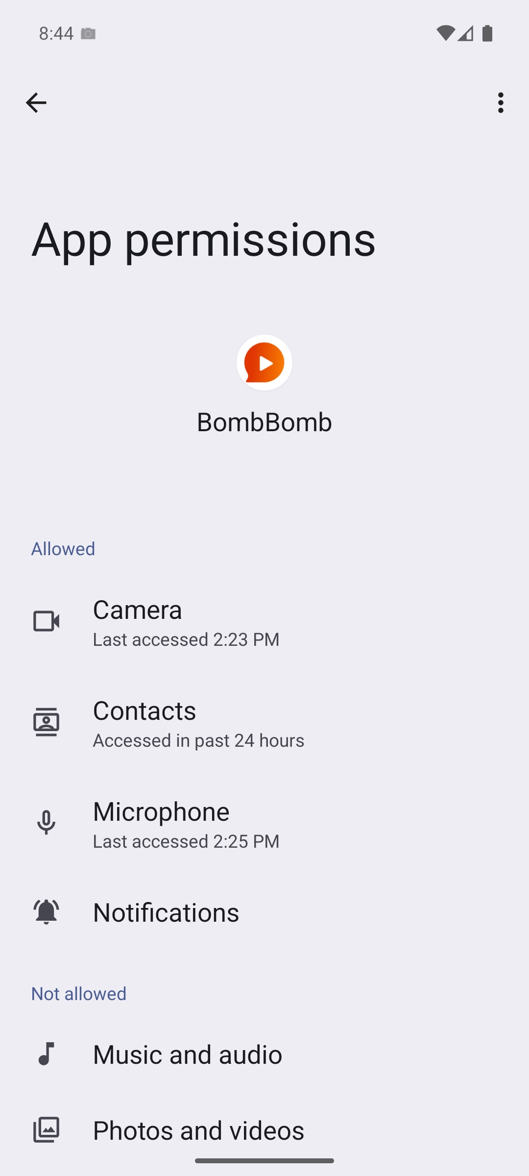 BombBomb's App permissions screen with Camera, Contacts, Microphone, and Notifications allowed