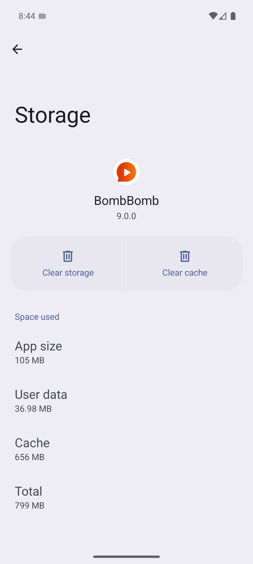 BombBomb's Storage screen with the Clear storage and Clear cache buttons