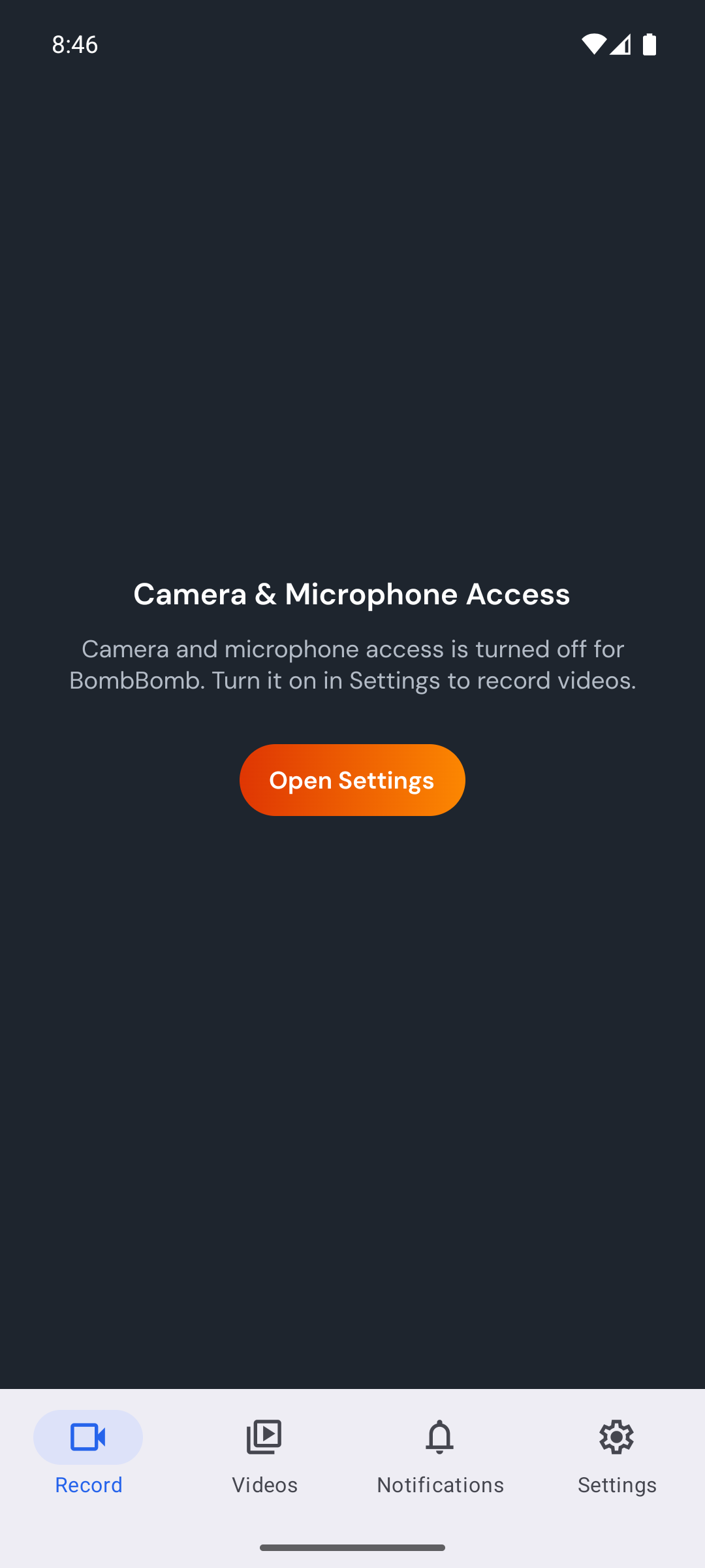 The Record tab with camera and microphone access turned off and the Open Settings button