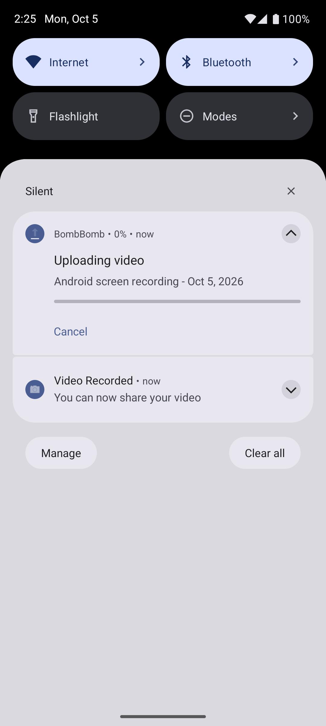 The upload notification with progress and a Cancel button