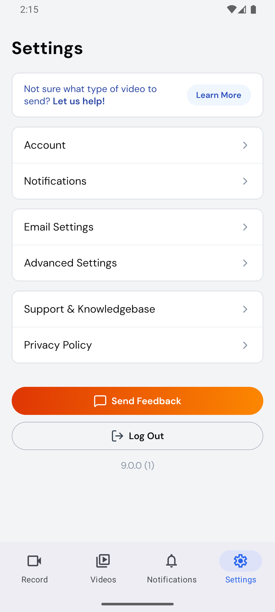 The Settings tab, with the app version at the bottom