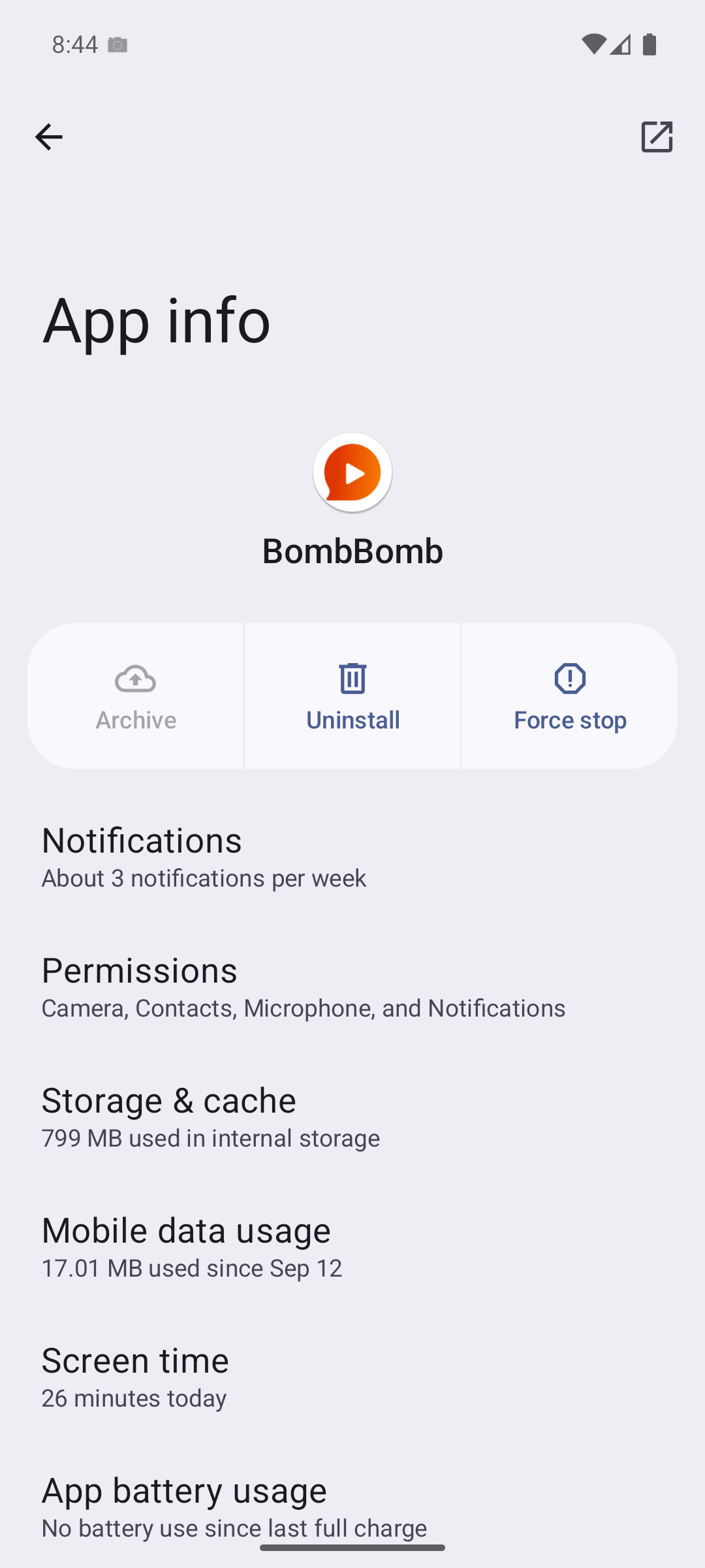 BombBomb's App info screen with the Force stop button