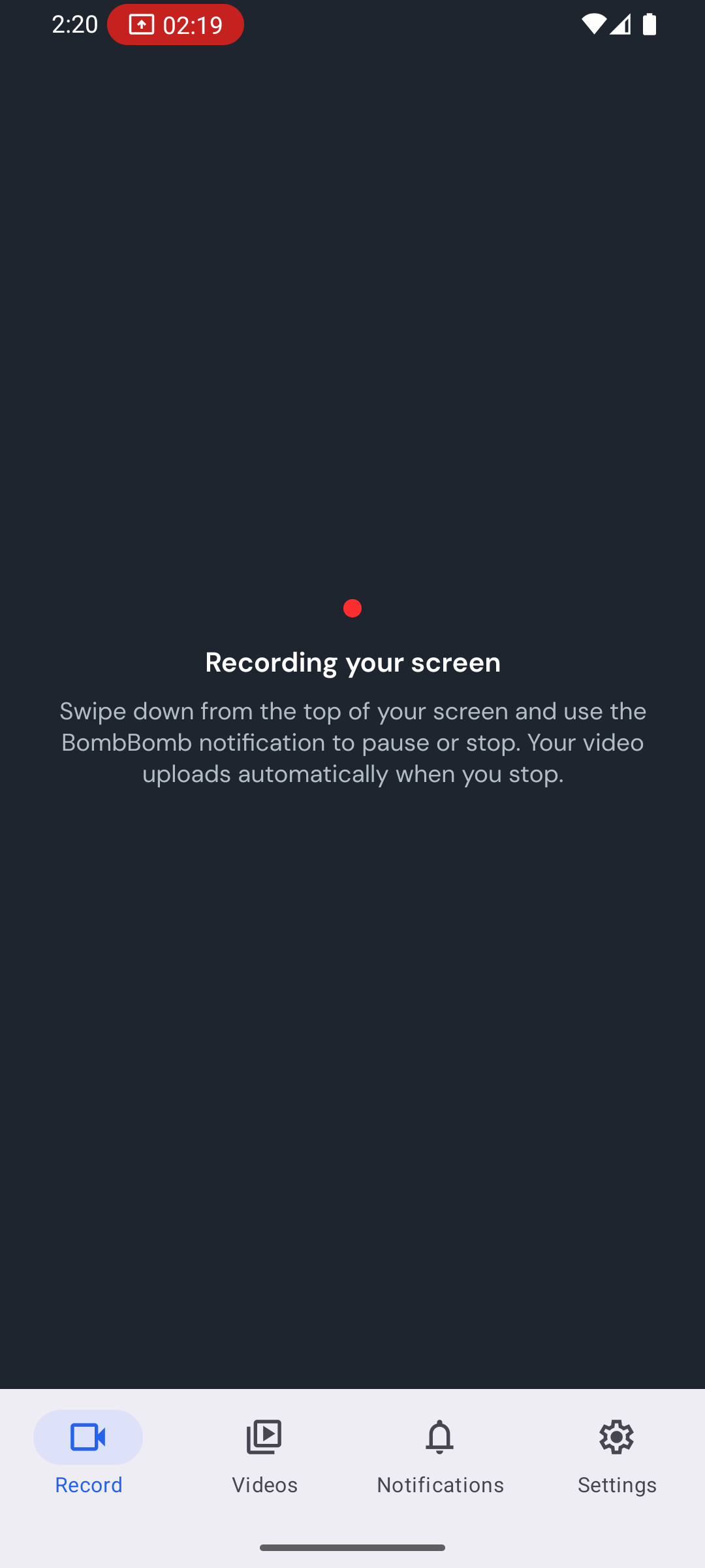 The Record tab showing Recording your screen while a screen recording is running