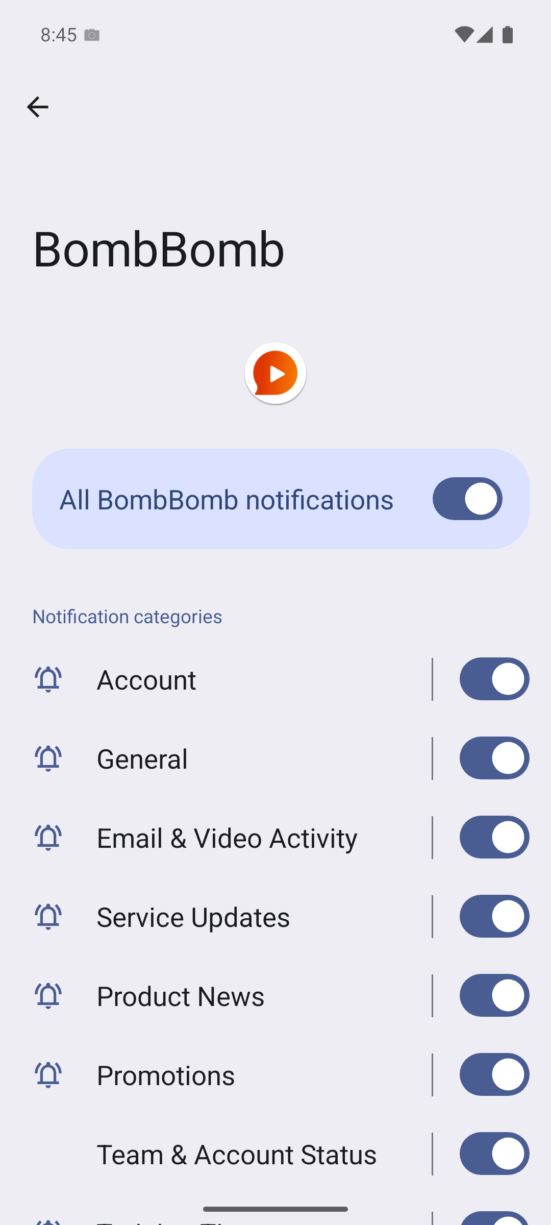 BombBomb's notification categories with Email & Video Activity turned on