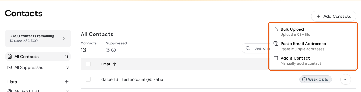 The Add Contacts menu with Bulk Upload, Paste Email Addresses, and Add a Contact, next to the contacts remaining counter