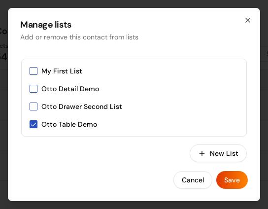 The Manage lists dialog with a checkbox for each list, the New List button, and Save