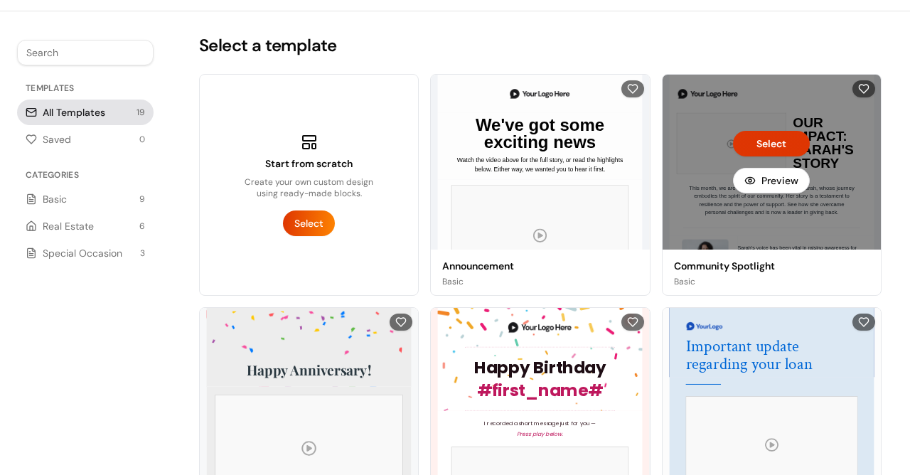 The Select Template step in Email Builder, with Start from scratch and template cards