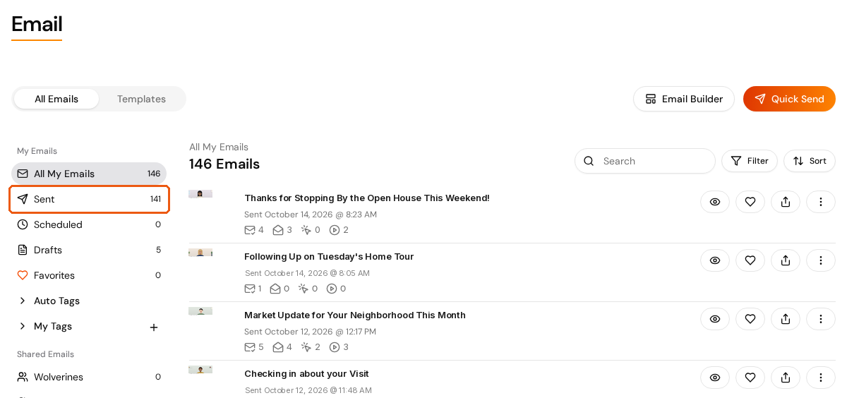 The All Emails tab with Sent highlighted in the My Emails sidebar