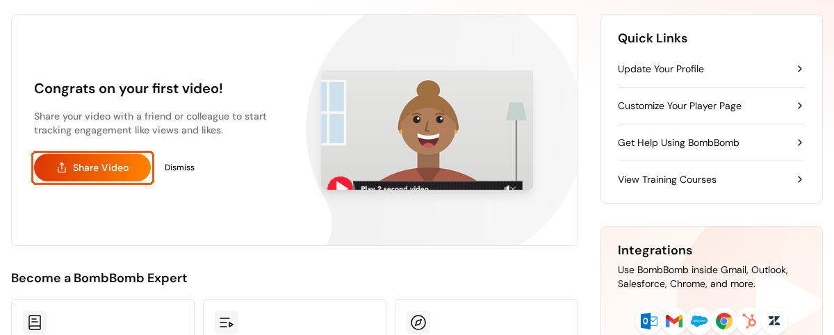 The Congrats on your first video! card with Share Video and Dismiss