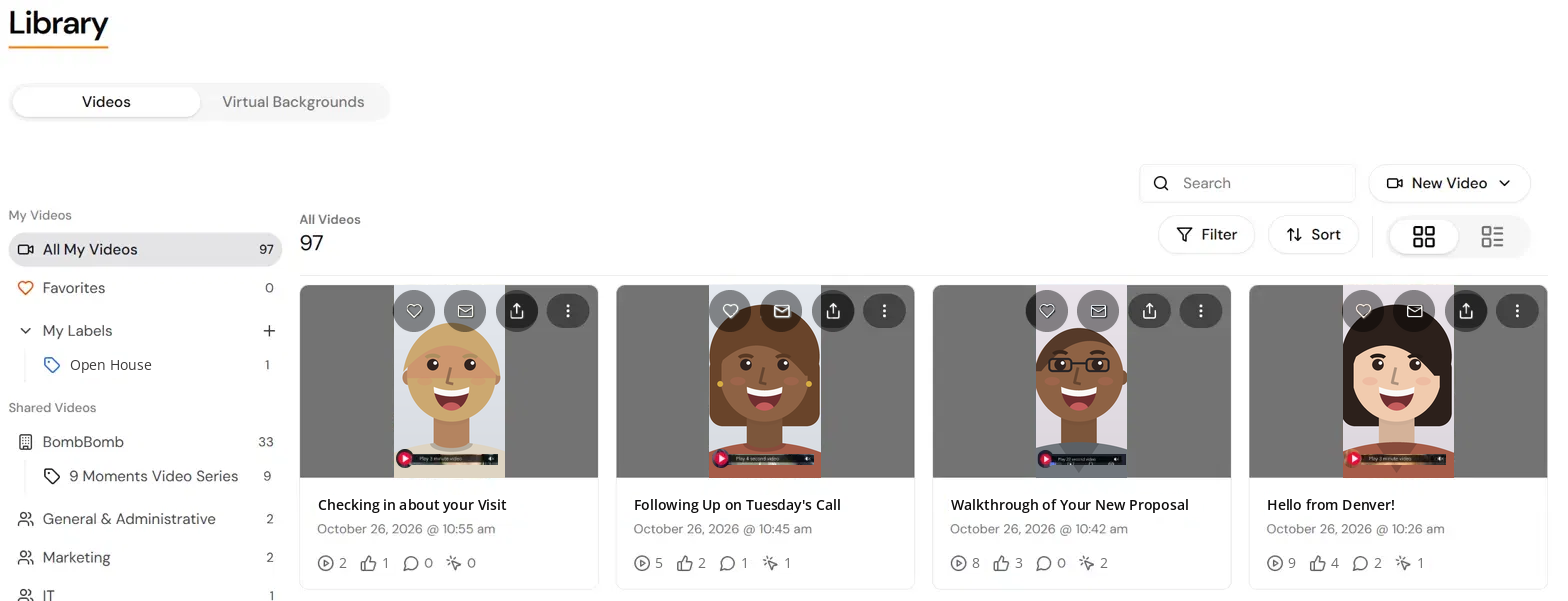 The Library page with the Videos and Virtual Backgrounds tabs, My Videos, and Shared Videos