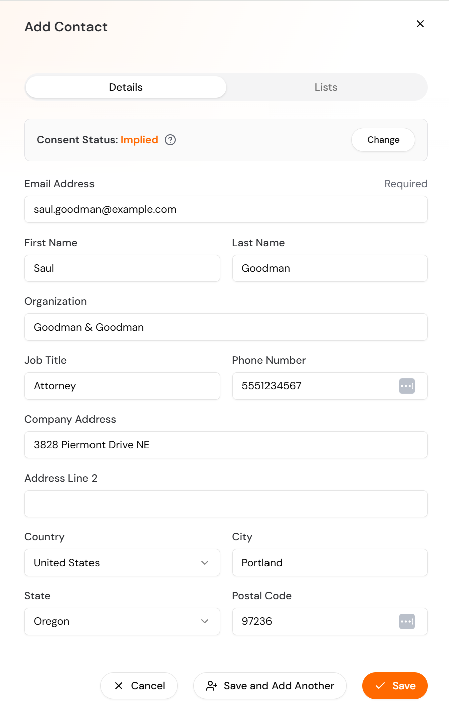 The Add Contact panel on the Details tab, with Consent Status, Email Address, name and company fields, and the Cancel, Save and Add Another, and Save buttons
