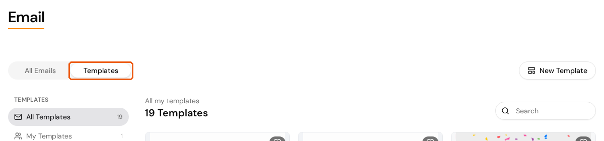 The Templates tab selected on the Email page, with the template sidebar and New Template button