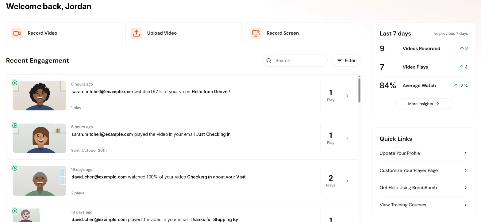 The Dashboard with the recording shortcuts, Recent Engagement, Last 7 Days, Quick Links, and Integrations