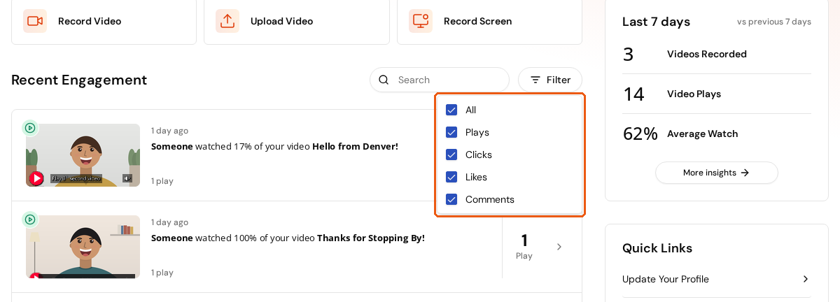 The Filter menu open with All, Plays, Clicks, Likes, and Comments checked