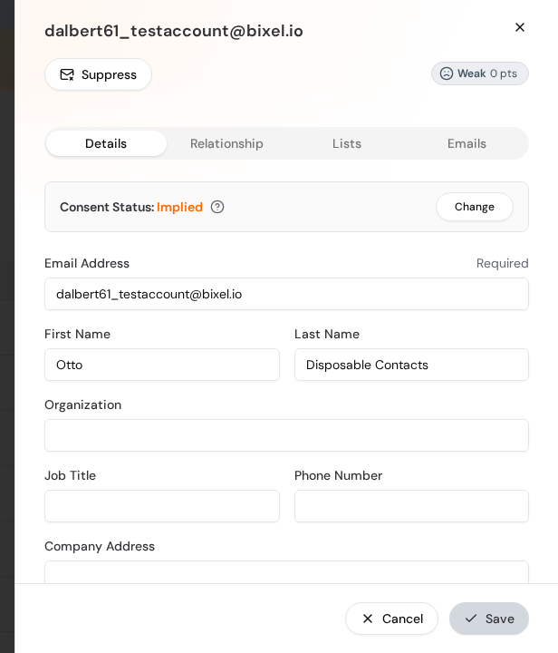 The contact details panel with Suppress, the relationship badge, and the Details, Relationship, Lists, and Emails tabs